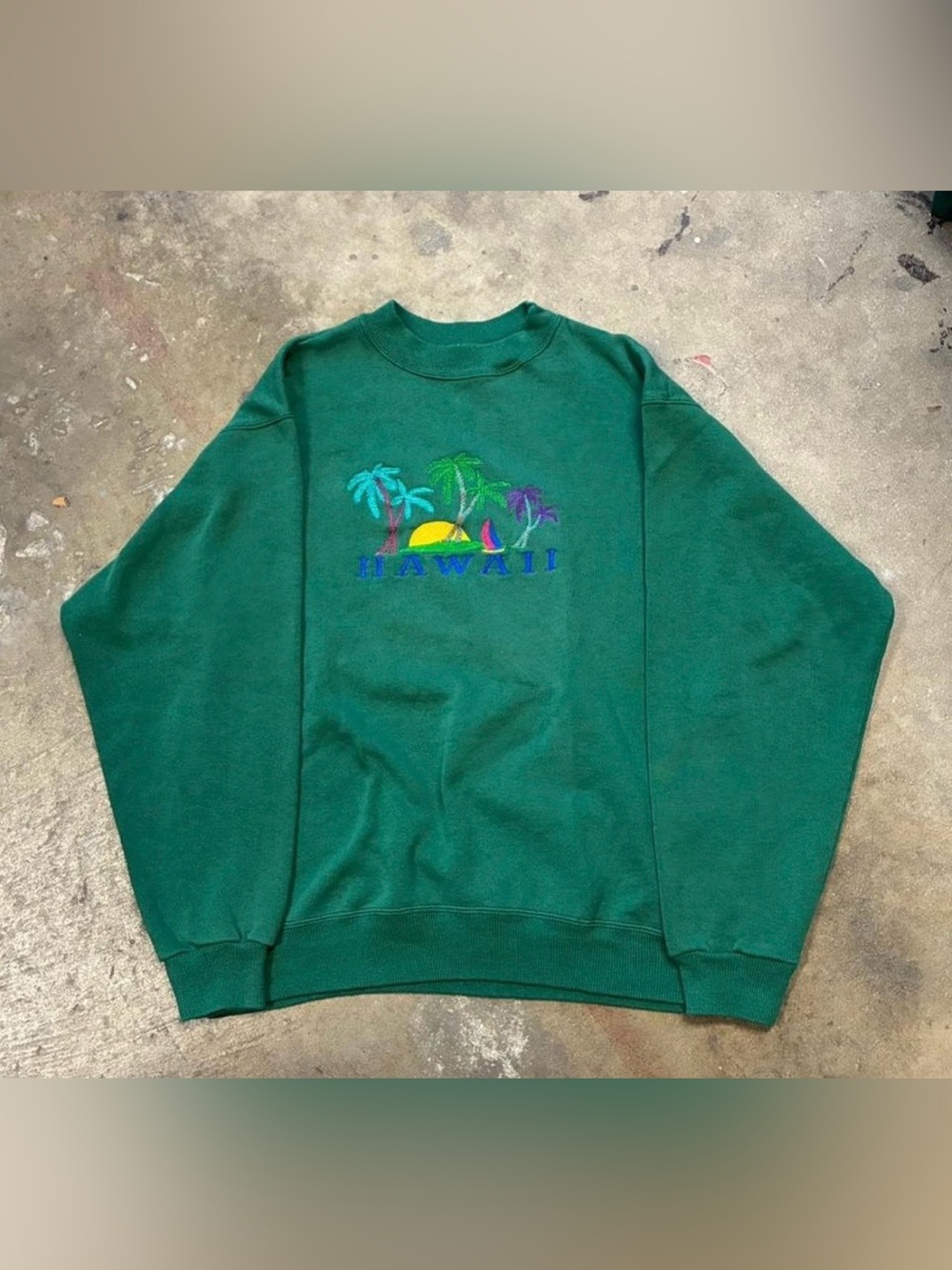 Tropical 90s Hawaii Green Embroidered Sweatshirt Retro Women Medium